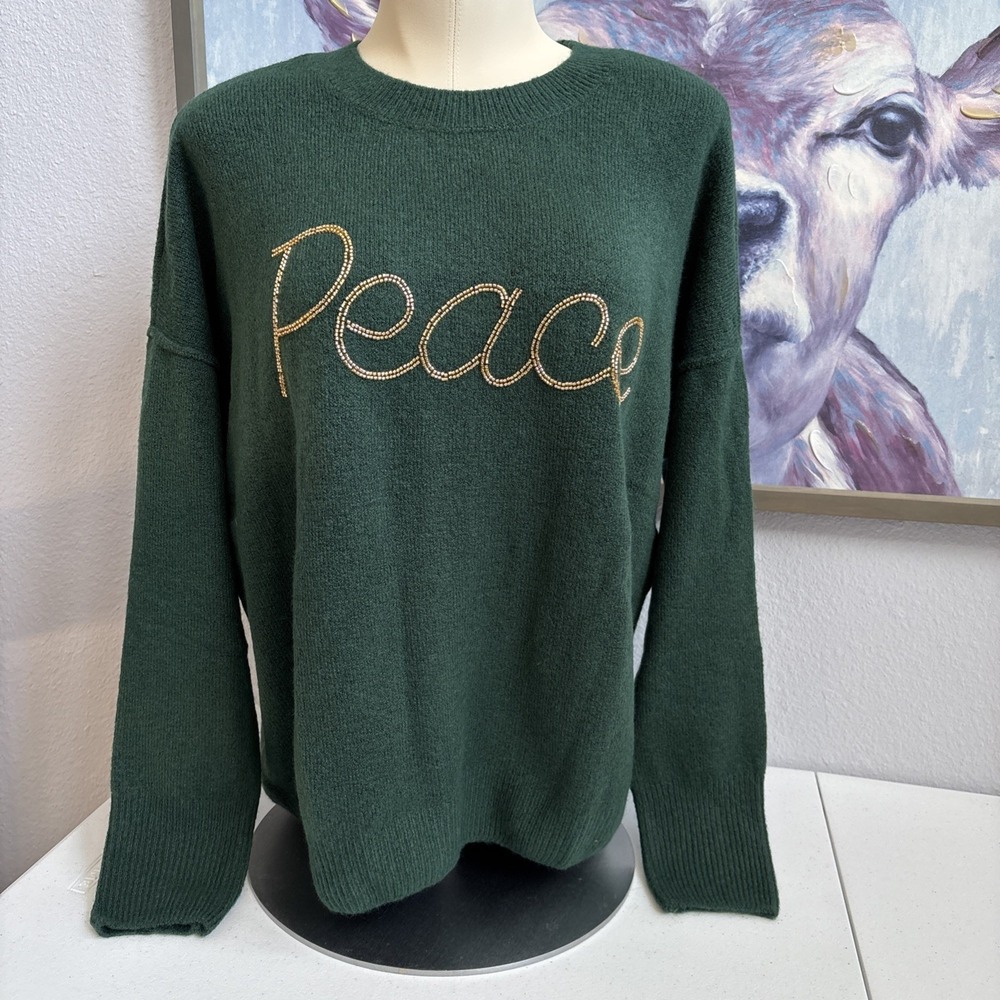 Vince Camuto Women's NWT M Green Beaded Peace Holiday Knit Long Sleeve‎ Sweater